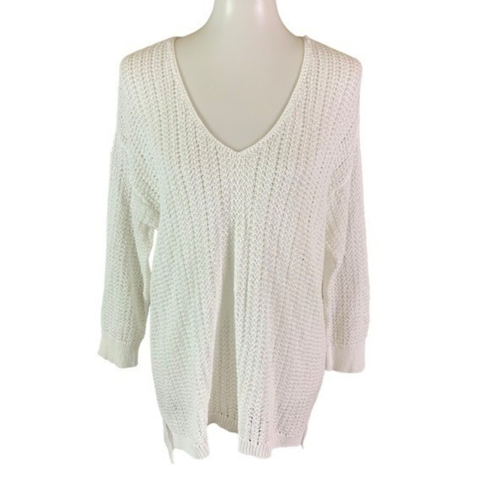 J Jill White Open Knit Sweater Large Cotton Blend Lightweight Coastal Pullover